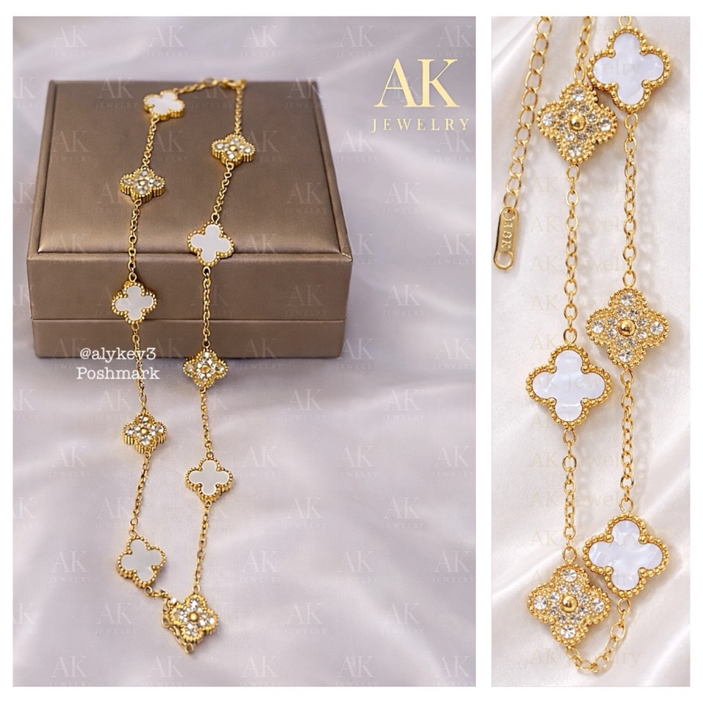 💎NECKLACE LUXURY 18k QUATREFOIL Clover 10 Motif White and Pave Classic Elegance